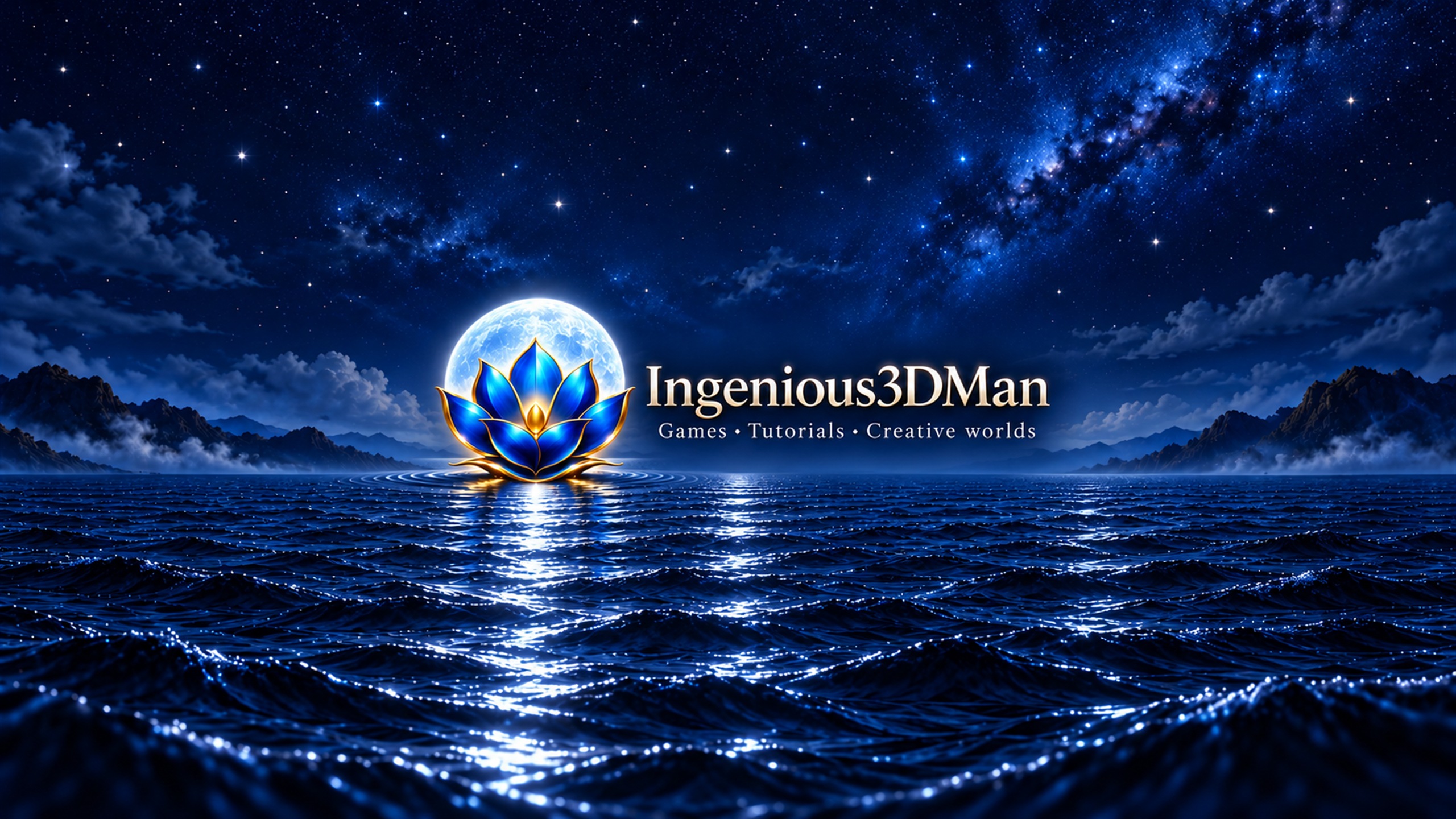 Ingenious3DMan — Games, Tutorials, Creative worlds. Blue lotus with a full moon directly behind, over a silver-blue moonlit sea.